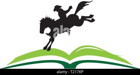 Libro aperto con i cowboy e il suo cavallo icona logo Illustrazione Vettoriale