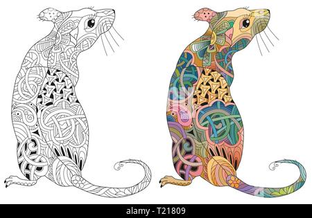 Disegnata a mano zentangle rat per t-shirt e altre decorazioni. Il colore e il profilo impostato Illustrazione Vettoriale