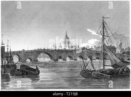 Una incisione di London Bridge, Londra UK scansionati ad alta risoluzione da un libro pubblicato nel 1814. Ritiene copyright free. Foto Stock