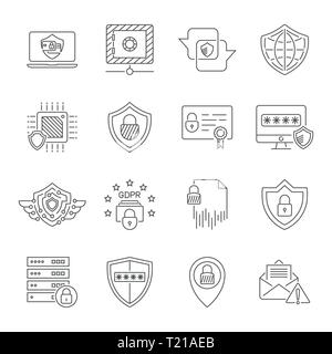 Set di icone per la protezione informatica e la sicurezza Internet. Protezione nella tecnologia digitale. Simboli di alta qualità da utilizzare in applicazioni Web, UI. Tratto modificabile. EPS Illustrazione Vettoriale