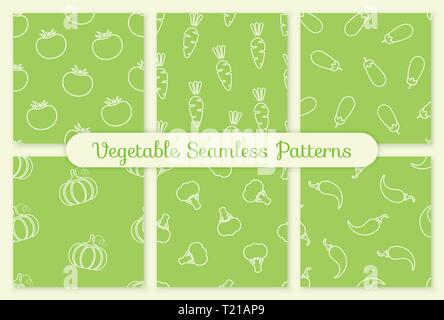 Silhouette vegetale seamless pattern impostato vettore illustrazione piana. Il cibo fresco pattern in bianco e verde con contorno di verdure elemento senza giunture per la stampa di tessuti o di carta da parati Illustrazione Vettoriale