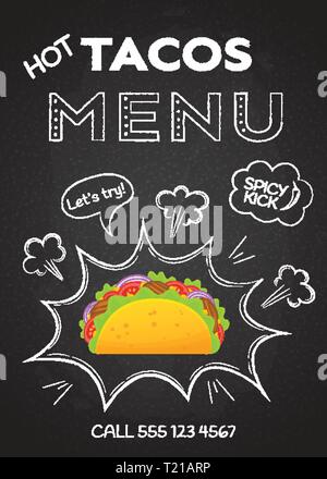 Cucina messicana snack menu tacos illustrazione vettoriale. La carne colorata taco grafica con chalk stile disegnato a mano pop art decorazione sulla lavagna a caldo con tacos menu offrono piatti modello di pagina di intestazione Illustrazione Vettoriale