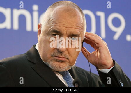 Bucarest, Romania - Marzo 29, 2019: Boyko Borissov, Primo Ministro della Bulgaria, tiene un discorso alla fine della riunione intergovernativa della Romania e della Bulgaria al Victoria Palace di Bucarest. Credito: vul/Alamy Live News Foto Stock