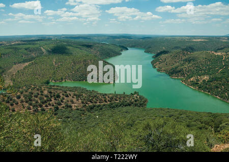 Fiume Tago in una valle collinare con alberi e casa al Monfrague Parco Nazionale. Un luogo straordinario con un affascinante montagna cresta in Spagna. Foto Stock