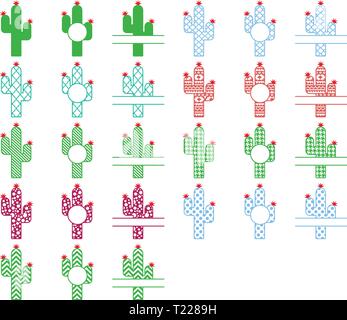 Set di vettore di bright Cactus. Collezione di piante esotiche. Decorativi elementi naturali sono isolati su bianco. Cactus con fiori. Il set include mon Illustrazione Vettoriale