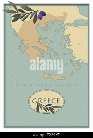 Mappa di Grecia con olive, rami e foglie di olivo. In stile retrò. Illustrazione Vettoriale