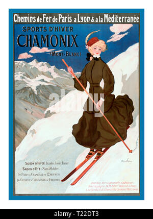 Vintage francese di Chamonix Sci Sci Poster 1900 dalle Ferrovie Francesi via Paris Lyon e Mediterranée Sports d'hiver-sport invernali. Chamonix Monte Bianco (Francia) 1905 Foto Stock