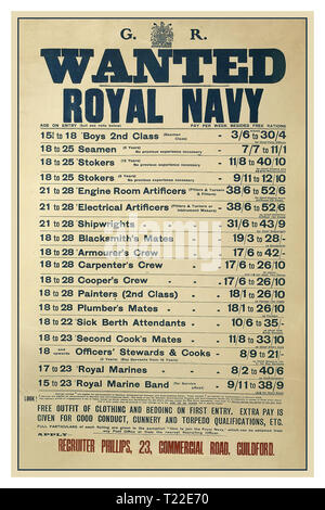 WW1 poster di reclutamento per la British Royal Navy con requisiti di età e di pagare i gradi illustrata data 1915 la Prima Guerra Mondiale Foto Stock
