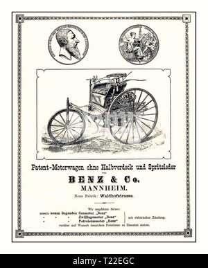 PATENT MOTORWAGEN- Vintage pubblicità per il primo al mondo auto: la Benz Patent Motor Car. È stato costruito in un totale di tre varianti da 1886 a 1894 Carl Benz ha introdotto il brevetto autovettura nel 1886 e successivamente costruito diverse unità di questa tre-wheeler, circa 25 veicoli in totale. Il modello per il quale mi è stato il brevetto originale Automobile. Esso featured filo ruote e un numero di dettagli di disegno adottato da advanced contemporanea produzione di biciclette.La Benz Patent-Motorwagen ('autovettura brevetto'), costruito nel 1885, è ampiamente considerato come il primo al mondo la produzione automobilistica. Foto Stock