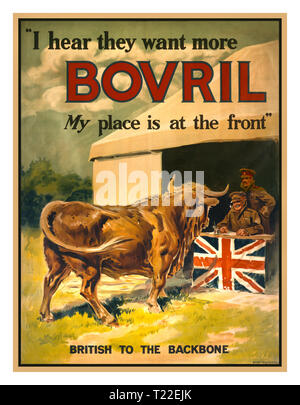 WW1 British assunzione poster di propaganda 1915 "Ho sentito che vogliono più Bovril. Il mio posto è sul lato anteriore " Propaganda Vintage Poster raffigurante un toro che si avvicinano ad un stazione di reclutamento decorata con la bandiera britannica. Bovril è un marchio di estratto di carne bovina. Foto Stock