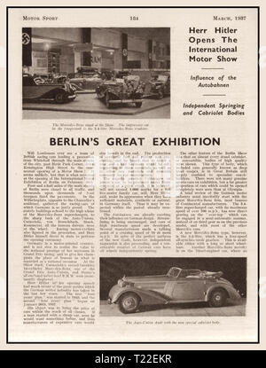 Pre guerra 1937 Motor Sport Magazine articolo su 1936 Berlin Motor Show che fanno riferimento a "Herr Hitler apre la International Motor Show" e Mercedes Daimler Benz vetture tedesche Foto Stock