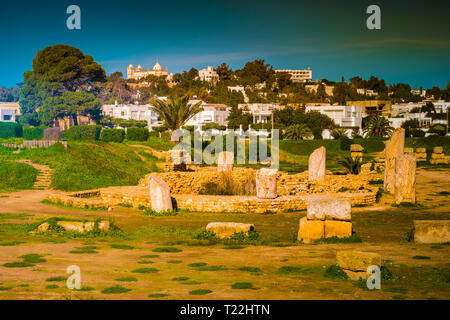 Rovine di Cartagine, la città capitale di antiche civiltà cartaginese, sulla sponda orientale del lago di Tunisi in Tunisia Foto Stock