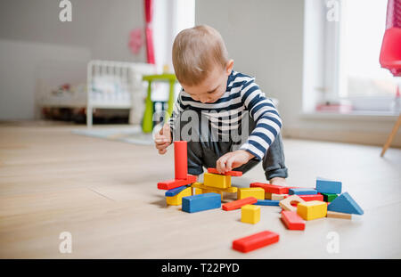 Il Toddler boy giocando con la costruzione di blocchi a casa Foto Stock