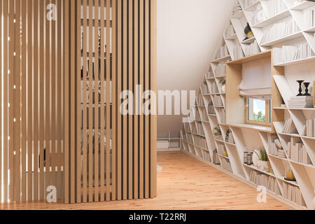 Il design degli interni del piano attico di un cottage privato. 3D render degli interni in stile scandinavo Foto Stock