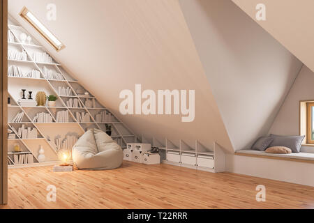 Il design degli interni del piano attico di un cottage privato. 3D render degli interni in stile scandinavo. Foto Stock
