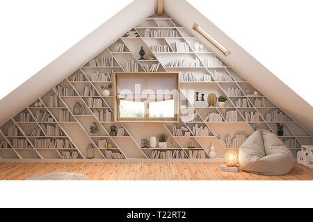 Il design interno soggiorno del piano attico di un cottage privato. 3d illustrazione dell'interno della casa in stile Scandinavo con piano in legno Foto Stock