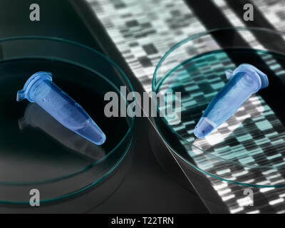 Fiale Eppendorf contenente un campione umano con il DNA autoradiogramma risultati Foto Stock