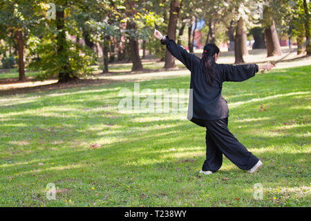 Kung Fu medico con la spada. Corpo in focus, mani in motion blur. Foto Stock