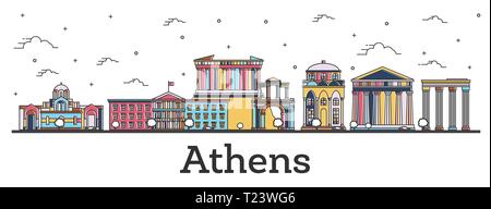 Delineare Atene Grecia skyline della città con edifici di colore isolato su bianco. Illustrazione Vettoriale. Paesaggio urbano di Atene con punti di riferimento. Illustrazione Vettoriale