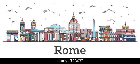 Delineare Roma Italia skyline della città con edifici di colore isolato su bianco. Illustrazione Vettoriale. Roma Paesaggio con punti di riferimento. Illustrazione Vettoriale