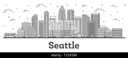 Profilo Seattle Washington skyline della città con moderni edifici isolati su bianco. Illustrazione Vettoriale. Seattle USA Cityscape con punti di riferimento. Illustrazione Vettoriale