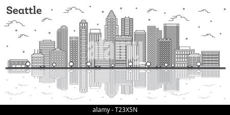 Profilo Seattle Washington skyline della città con edifici moderni e di riflessioni isolato su bianco. Illustrazione Vettoriale. S Illustrazione Vettoriale