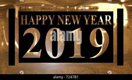 Golden e splendente di testo 'FELICE ANNO NUOVO 2019' con cornice dorata e scuro su sfondo nero Foto Stock