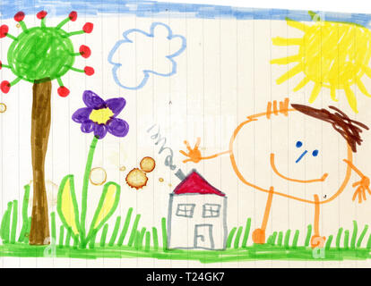 Per bambini Disegno, bambino contento della casa e del giardino Foto Stock