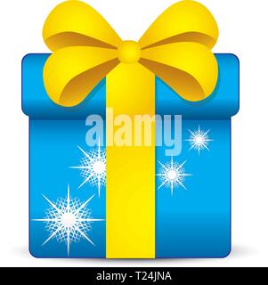 Blue box regalo con i fiocchi di neve e nastro giallo, illustrazione vettoriale Illustrazione Vettoriale