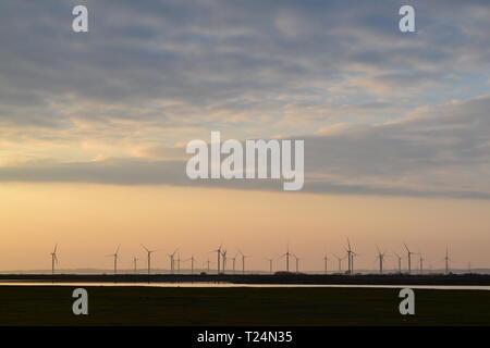 Piccola corte Cheyne wind farm in calmo al tramonto in primavera, raffigurato dalla A259 Dungeness di Rye road. Kent, Inghilterra Foto Stock