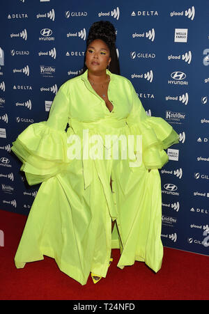 BEVERLY HILLS, CA - MARZO 28: Lizzo assiste il trentesimo annuale di GLAAD Media Awards presso il Beverly Hilton Hotel il 28 marzo 2019 a Beverly Hills, la California. Foto Stock