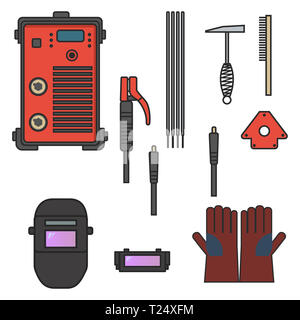 Set di illustrazione vettoriale arco di saldatura macchina equipaggiamento guanto porta casco il martello per la costruzione industriale e lavorazione metallo piatta stile di design Foto Stock