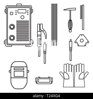 Set di illustrazione vettoriale arco di saldatura macchina equipaggiamento guanto porta casco il martello per la costruzione industriale e lavorazione metallo piatta desi silhouette Foto Stock