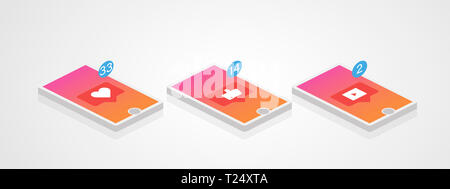 Rete sociale. Set telefono in stile isometrico. Media digital concept. illustrazione vettoriale Foto Stock