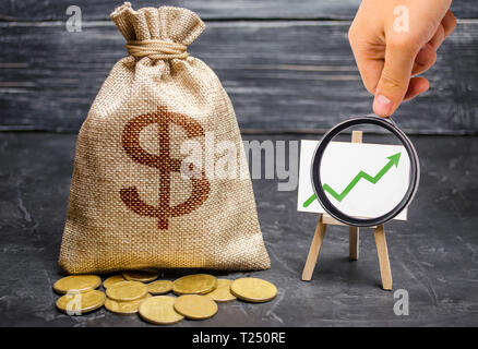 Lente di ingrandimento è guardando la freccia verde sul grafico e una borsa con denaro. concetto di aumentare i profitti e i ricavi in aumento di capitale Foto Stock