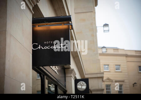 Bagno, Somerset, Regno Unito, 22 febbraio 2019, Shop segno per Hotel Chocolat Foto Stock