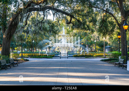 Fontana di Forsyth park a Savannah, Georgia Foto Stock