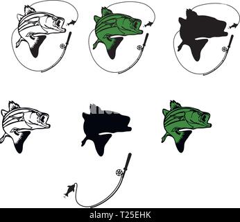 Pesce bass jumping per esche e canna da pesca silhouette Illustrazione Vettoriale