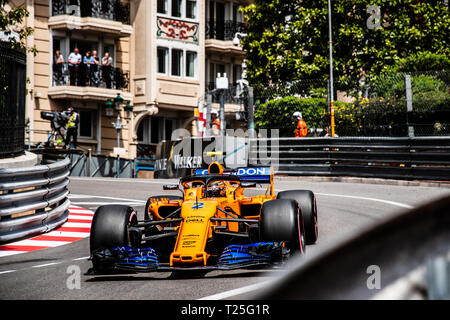 Monte Carlo/Monaco - 05/24/2018 - #2 Stoffel Vandoorn (BEL) nella sua papaya orange McLaren-Renault MCL33 durante il giorno di apertura della corsa in avanti del Foto Stock