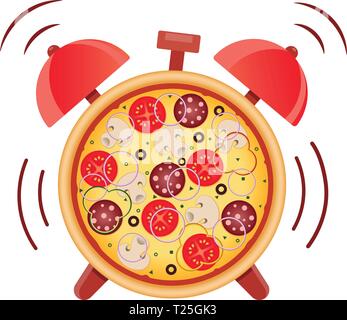 Pizza con funghi, salame, pomodoro e salsiccia. Pizza time. Tempo di snack. Isolato illustrazione vettoriale su sfondo bianco. Illustrazione Vettoriale