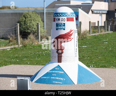 Utah Beach, in Normandia, Francia, Marzo,26, 2019 Memorial, iniziare del D-Day itinerario di liberazione Km 00 a Utah Beach Foto Stock