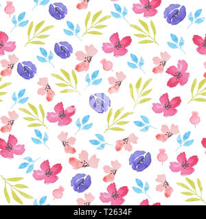 Fiori Selvatici acquerello seamless pattern. Le rose e le foglie sul bianco backgroun Foto Stock