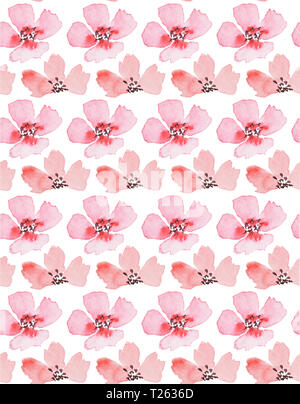 Fiori Selvatici acquerello seamless pattern. Le rose e le foglie sul bianco backgroun Foto Stock