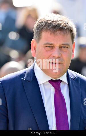 Andrew Bridgen MP (Cost: North West Leicestershire) su College Green, Westminster, 29 marzo 2019 Foto Stock