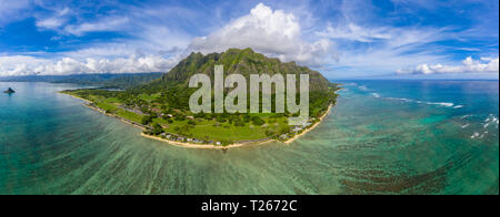 Stati Uniti d'America, Haswaii, Oahu, Ko'olau Range, Kualoa Punto e Cina Man Hat Isola Foto Stock