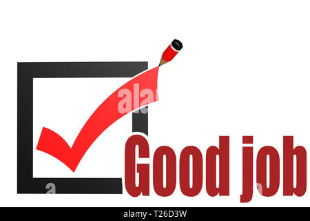 Buon lavoro di parola con il segno di spunta e matita, rendering 3D Foto Stock