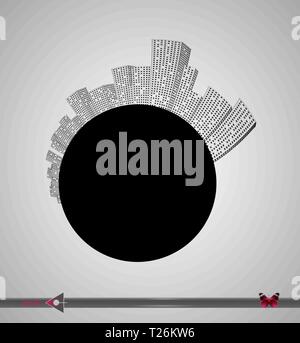 La silhouette della città e grattacieli sul cerchio. Posto per l'iscrizione. Urbano, real estate, agenzia. Illustrazione Vettoriale