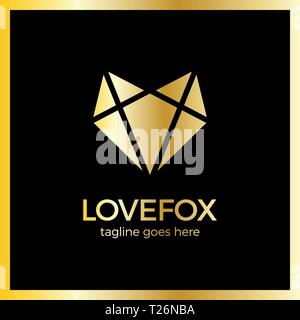 Amore Fox Logo di testa. La linea Fox cuore. Lusso, royal gold in metallo Illustrazione Vettoriale