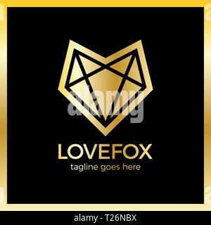 Amore Fox Logo di testa. La linea Fox cuore. Lusso, royal gold in metallo Illustrazione Vettoriale