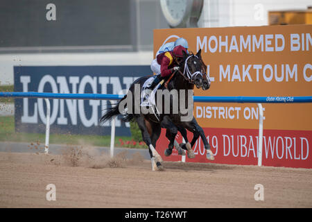 Dubai, STATI UNITI D'AMERICA. 30 Mar, 2019. MEYDAN, EMIRATI ARABI UNITI '"' marzo 30: carbone anteriore, cavalcato da Jose Ortiz vince il gruppo 2 Godolphin Mile su Dubai World Cup notte all Ippodromo di Meydan negli Emirati Arabi Uniti. Michael McInally/Eclipse Sportswire/CSM/Alamy Live News Foto Stock